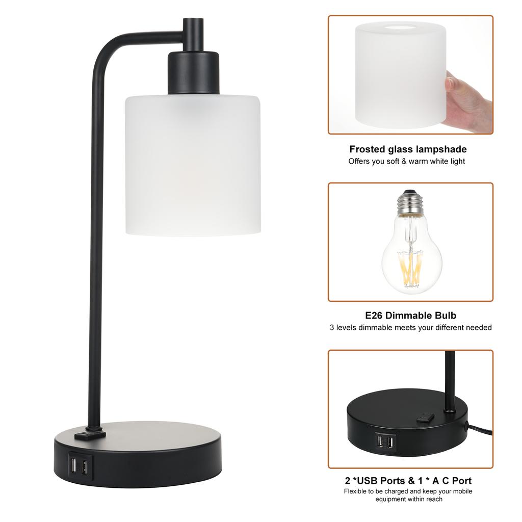 Lampada da tavolo industriale Lampada da scrivania vintage Lampada da comodino con porte USB 2.1A Porta CA