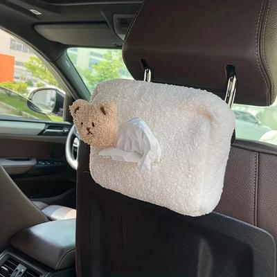 Cute Bear Plush Car Tissue Box Portable Soft Square Design for Easy Refill and Aesthetic Charm Car Interior Accessories