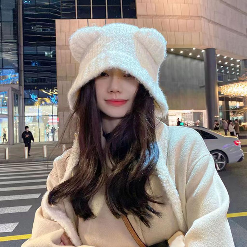 Bear Ear Beanie Cap Knit Ear Muff Hat for Girls Y2K Women Windproof Ear Flap Skull Hat for Outdoor Activity Casual Hat