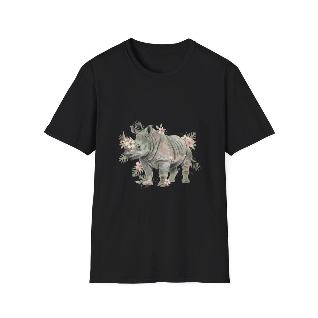 Rhino Floral Watercolor Boho Black Tee Nature Tropical Graphic T-Shirt