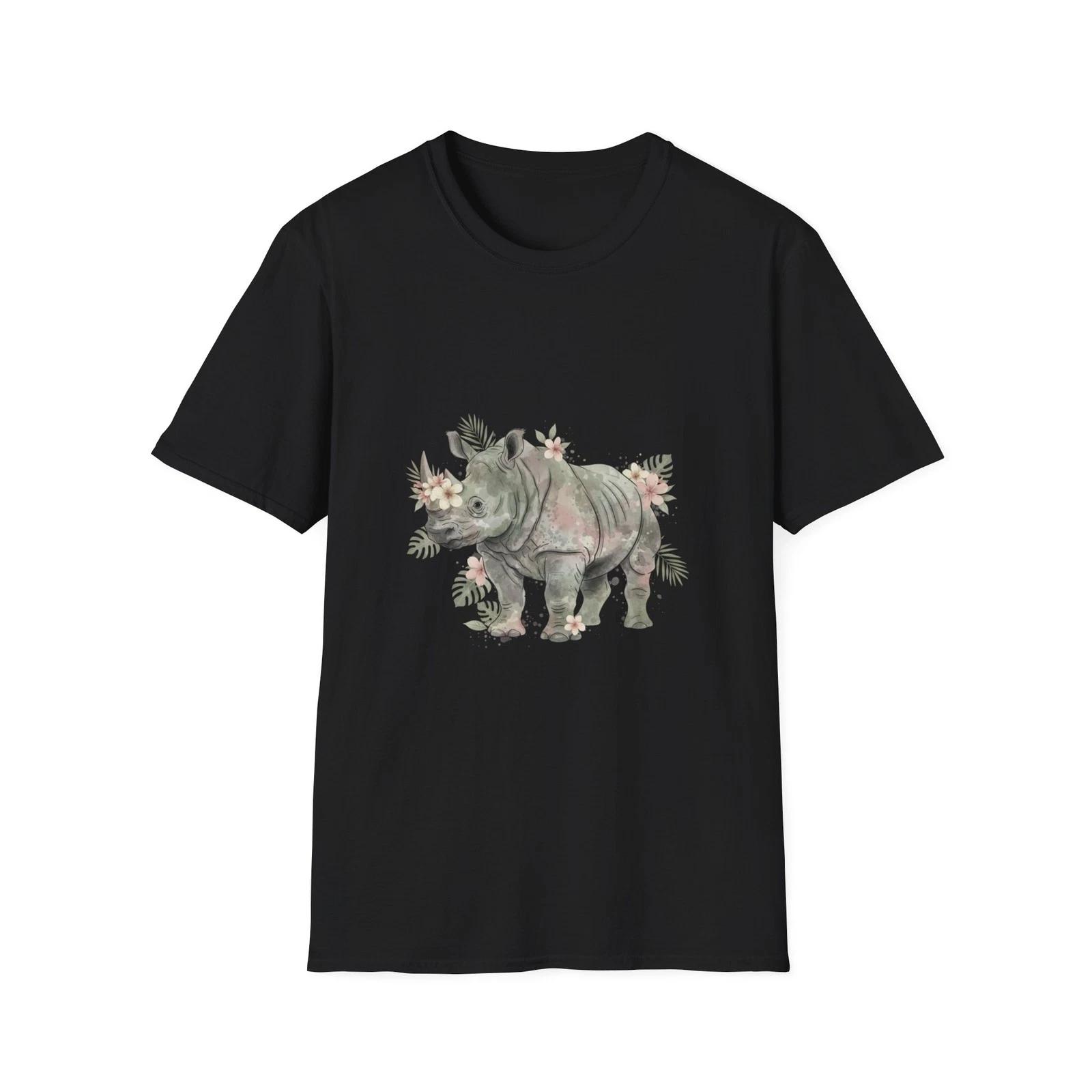 Rhino Floral Watercolor Boho Black Tee Nature Tropical Graphic T-Shirt M