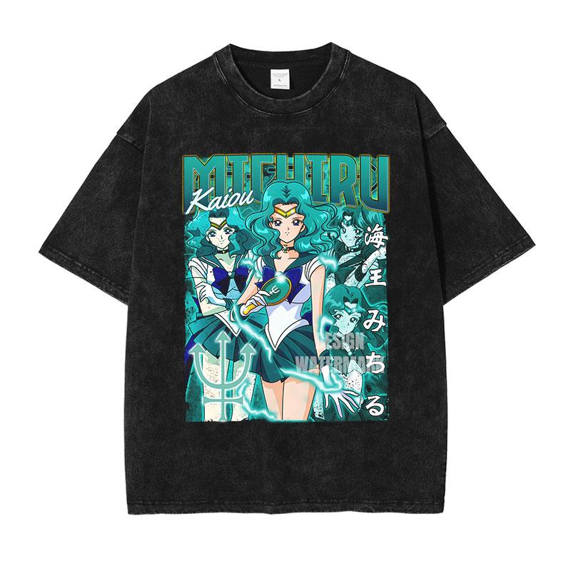 Tsukino Usagi T Shirts Vintage Washed Anime SSailor MMoon Oversized Tshirts Manga Chibiusa Short Sleeve Girl Tops Tees Women