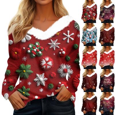 Damenmode Langarm Weihnachtstag Bedrucktes Plüschhals-Pullover-Oberteil mit V-Ausschnitt