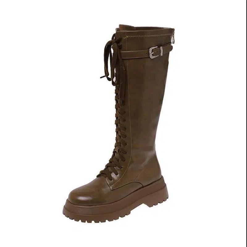 ins trendy belt buckle muffin thick-soled high boots women's autumn and winter lace-up but knee boots popular Internet celebrity women's boots