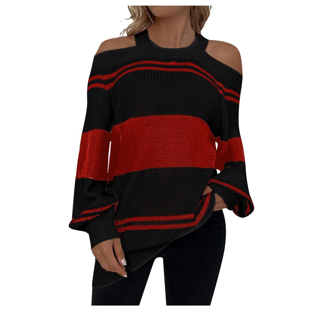 Women's Casual Fashion Long Sleeved Knitting Contrast Color Sweater Top