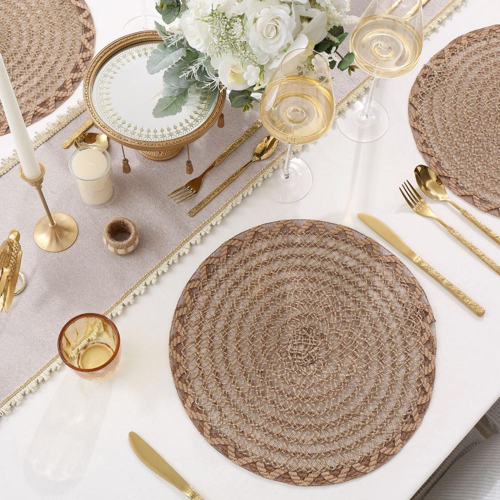 4 Pieces Woven Tableware Mat Non-Slip Dish Mat Household Natural Jute Place Mat  Restaurant