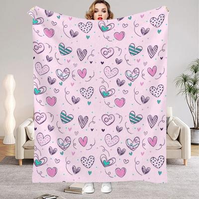 1Pc Digital Printed Pink Heart  Star Style Flannel Blanket Mattress Cover Blanket for Family BedsSofasOfficesOutdoor Camping