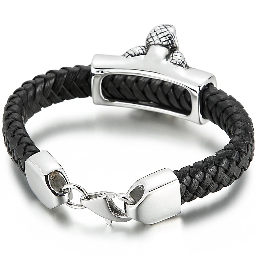 Punk Gothic Men's Snake Head Body Bracelet Man Distressed 316L Stainless Steel & Leather Wrap Bracelet for Men Animal Jewelry