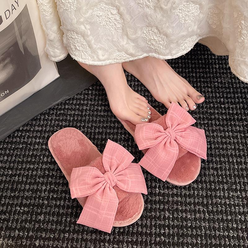 Lovely Fashion Slippers Female Slides Daily Flat Low Heels Shoes Woman Solid Heart Shaped Butterfly knot Winter Shoes Plus Size