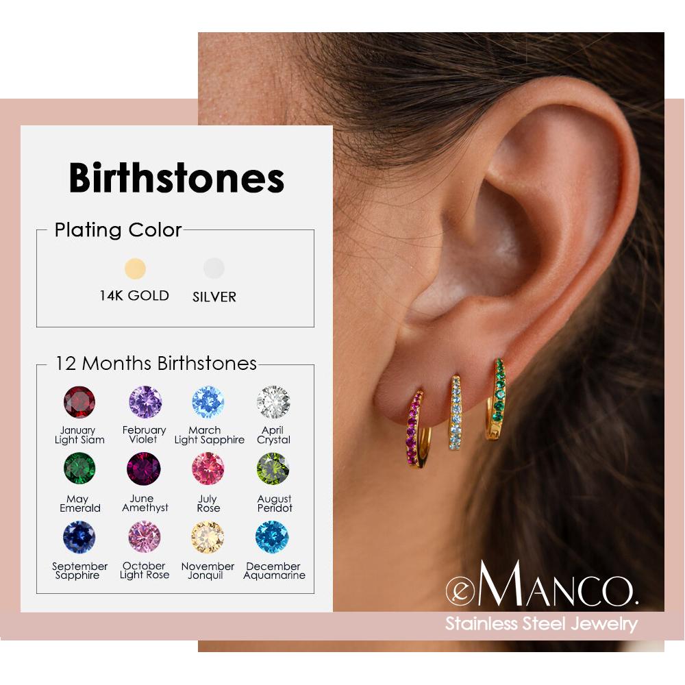 eManco Stainless Steel Birthstone Earrings Minimalist Huggie Hoop Earrings For Women Tiny Round Circle Unisex