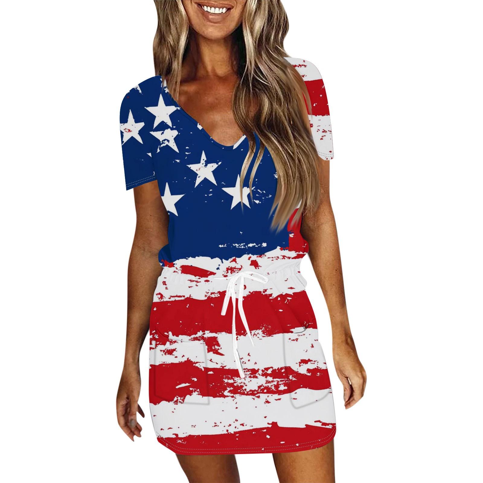 

Women s Casual V-Neck Short Sleeve Drawstring Independence Day Printed Dresses XL Кіновар