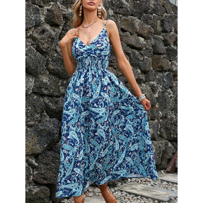 Summer Floral Printing Suspender V-neck Dress Women Elegant Loose Slim Waist Holiday A-line Party Dresses Sleeveless Fashion Casual Women's Clothing