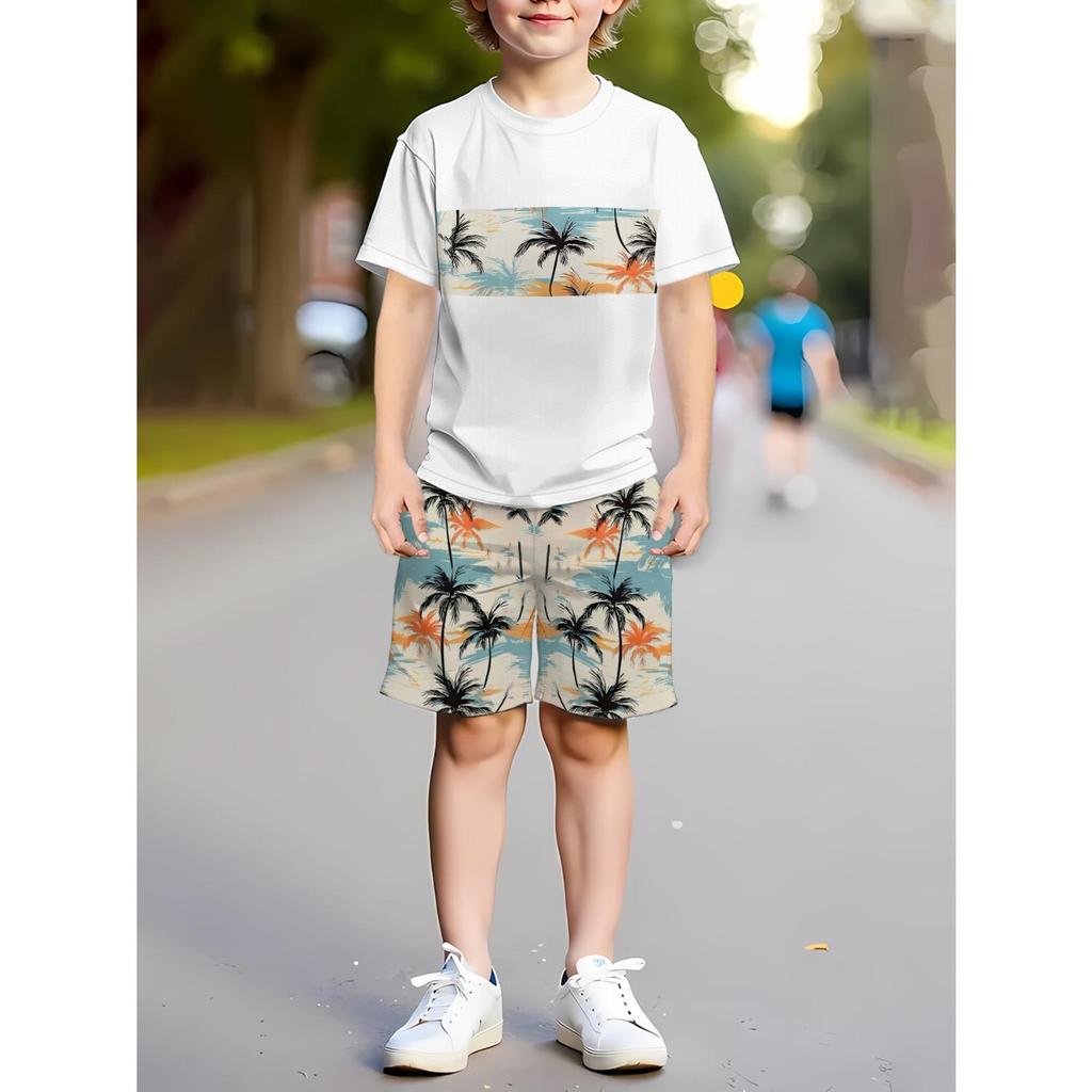 3D printed boys' short sleeved shorts set, versatile and fashionable casual set for spring and autumn