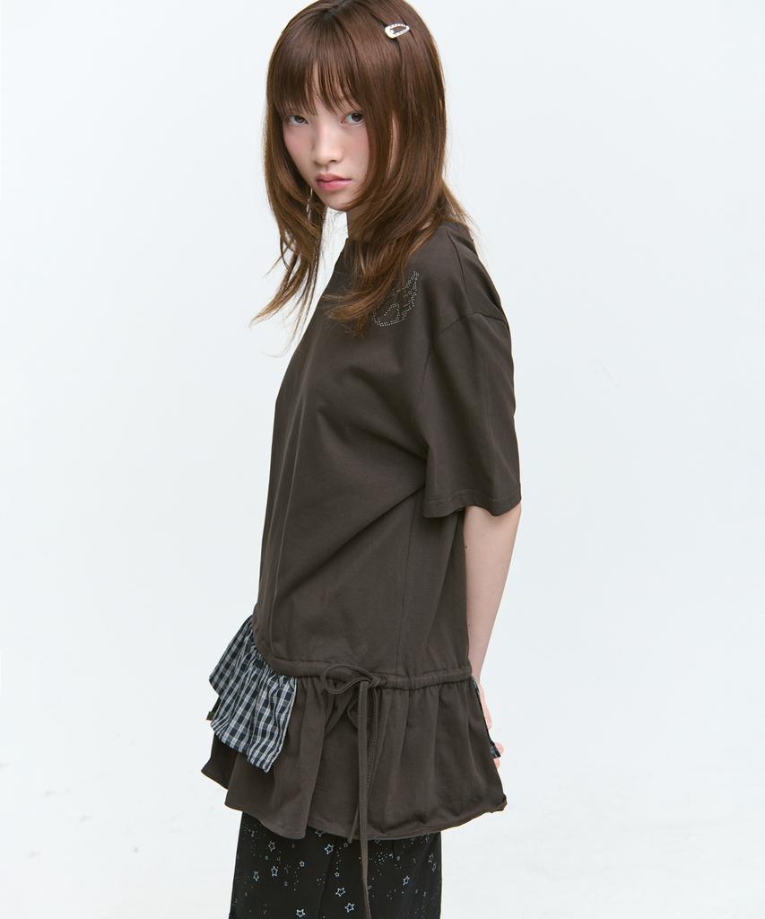 SOME PLACE Angel Beads Check Contrast Strap Point Layered Frill Short Sleeve T-Shirt [Brown]