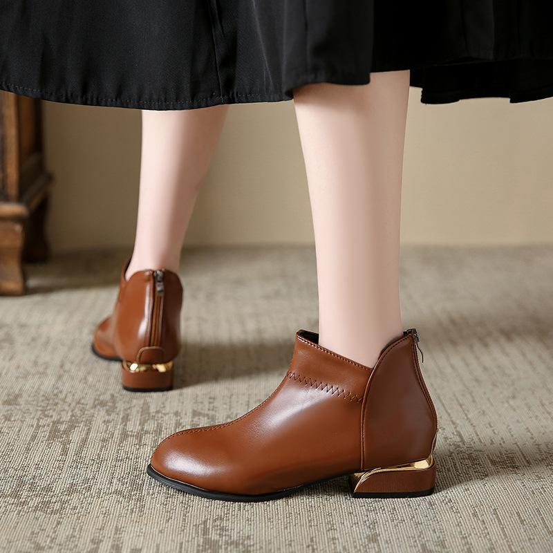 Women'S Oversized Fashionable Ankle Boots For Autumn And Winter  New Round Toe Low Heel Zipper Women'S Leather Boots