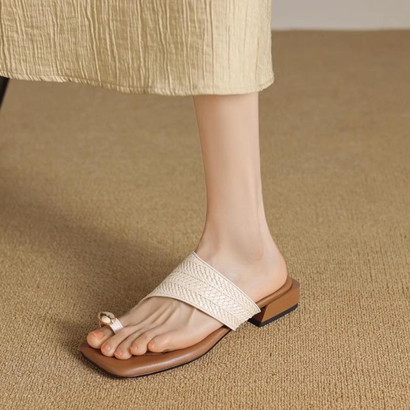 Summer Weave Clip Toe High Heeled Sandals Women Square Toe Slippers Shoes 2026 Trend Slingback Chunky Dress Bohemian Beach Pumps