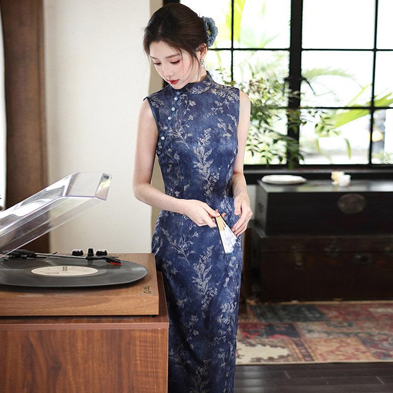 Blue sleeveless national style new Chinese daily Suzhou long cheongsam improved young 1011 new women's high sense