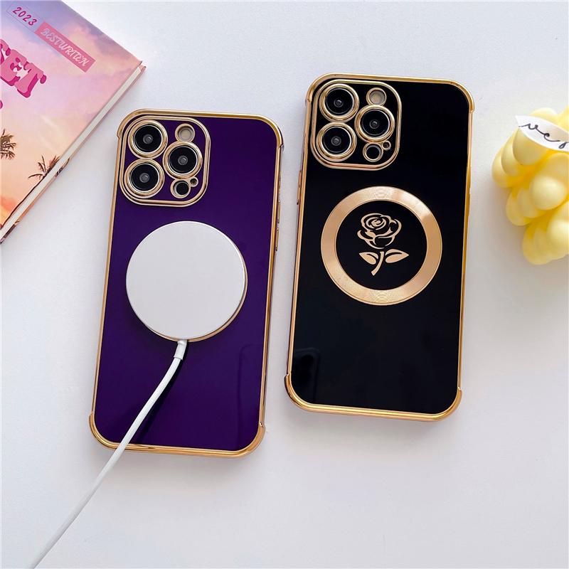 Luksusowa powłoka Rose Flower Frame Magsafe Magnetic Phone Case do iPhone'a 11 12 13 14 15 Pro Max Osłona obiektywu na etui 14 Plus