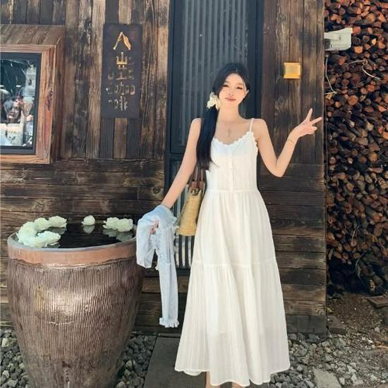 2026 French Summer White Dress & Spaghetti Strap with Knit Sun Protection Cardigan Set