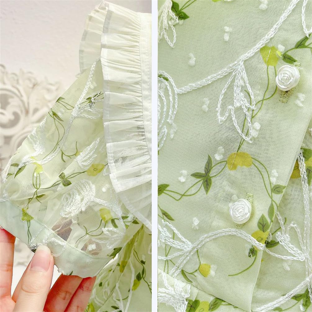 BLZXIAN Chiffon Short Floral Tunic Loose Everyday Junior Size Height Kids' Dress, Sleeve, Long, Knee-Length, High-Waisted, Turn-Down Collar, Print,