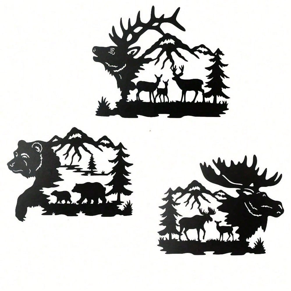 Metal Elk Bear Moose Mountain Forest Silhouette Metal Wall Art Rustic Cabin Outdoor Decor Set