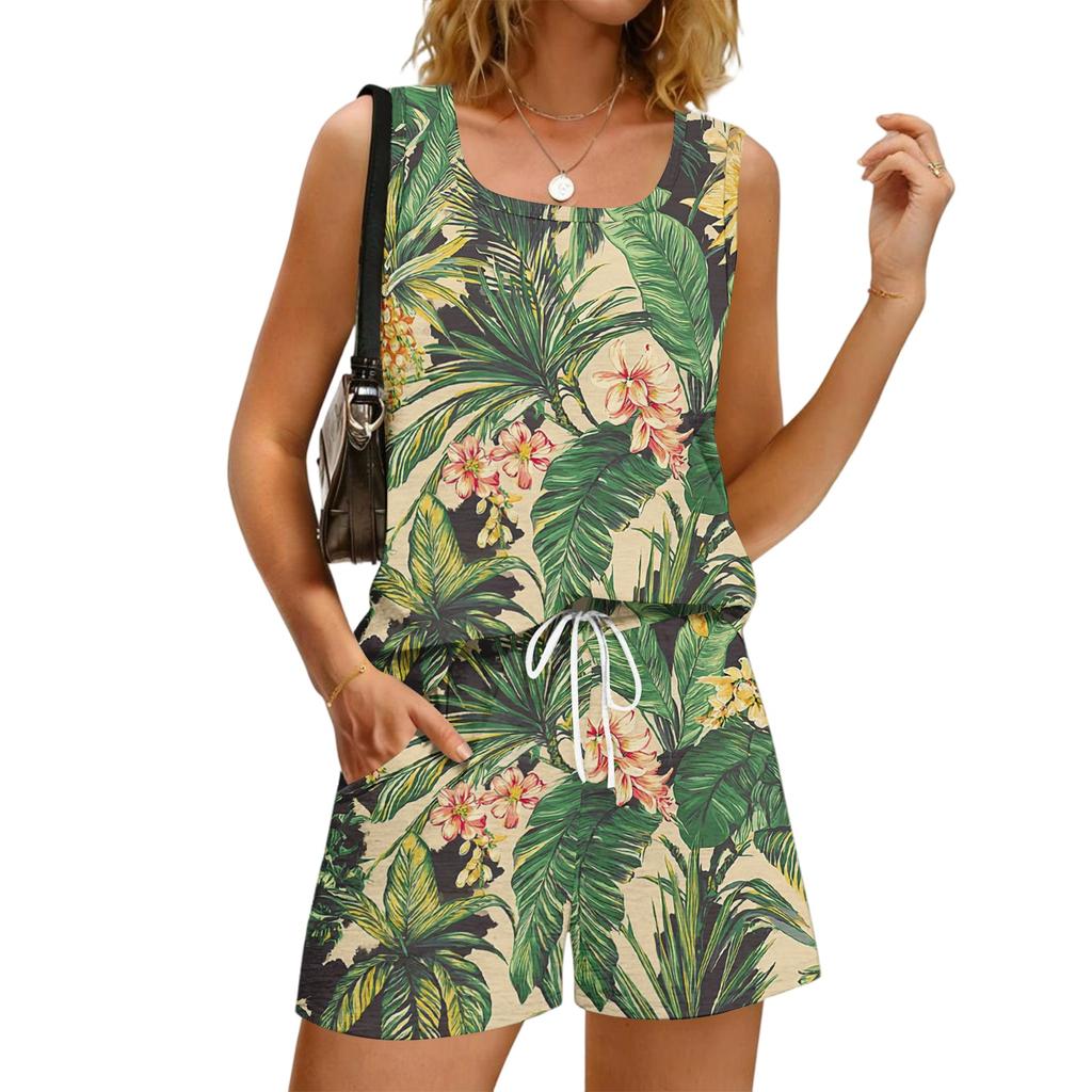 Completo estivo casual da donna con stampa floreale, canotta a collo quadrato senza maniche, abbigliamento sportivo con tasche e pantaloncini, outfit leggero e confortevole