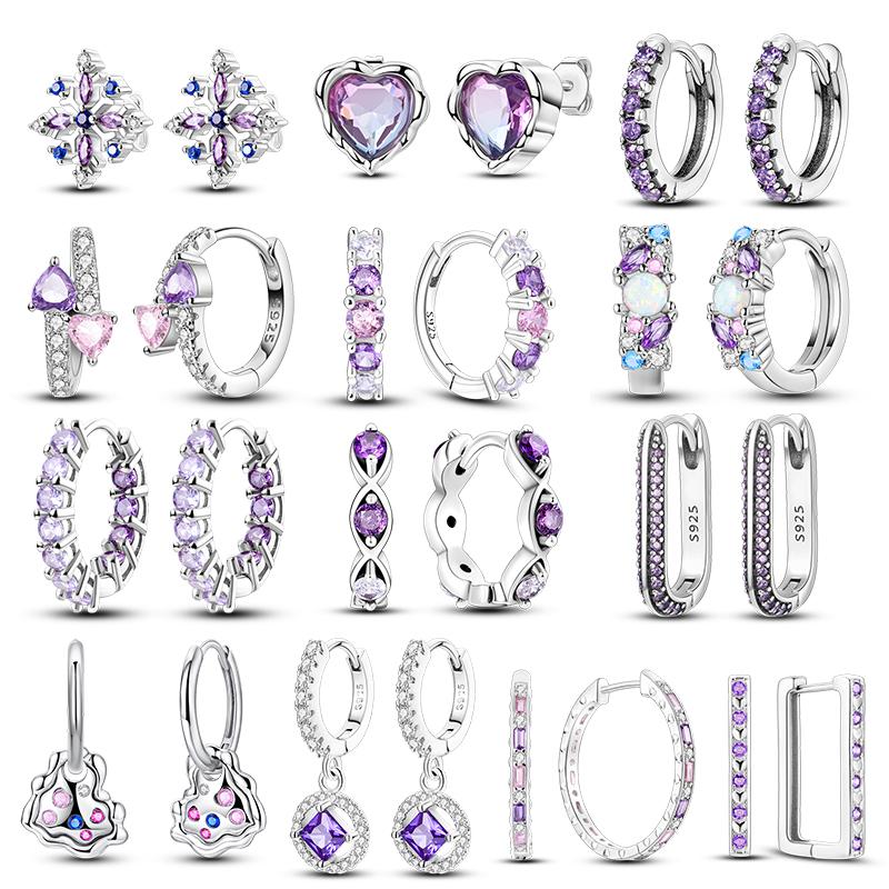 Purple Zircon Hoop Earrings 925 Silver U-shaped Liquid Metal Love Heart Fashion Earrings For Women Jewelry