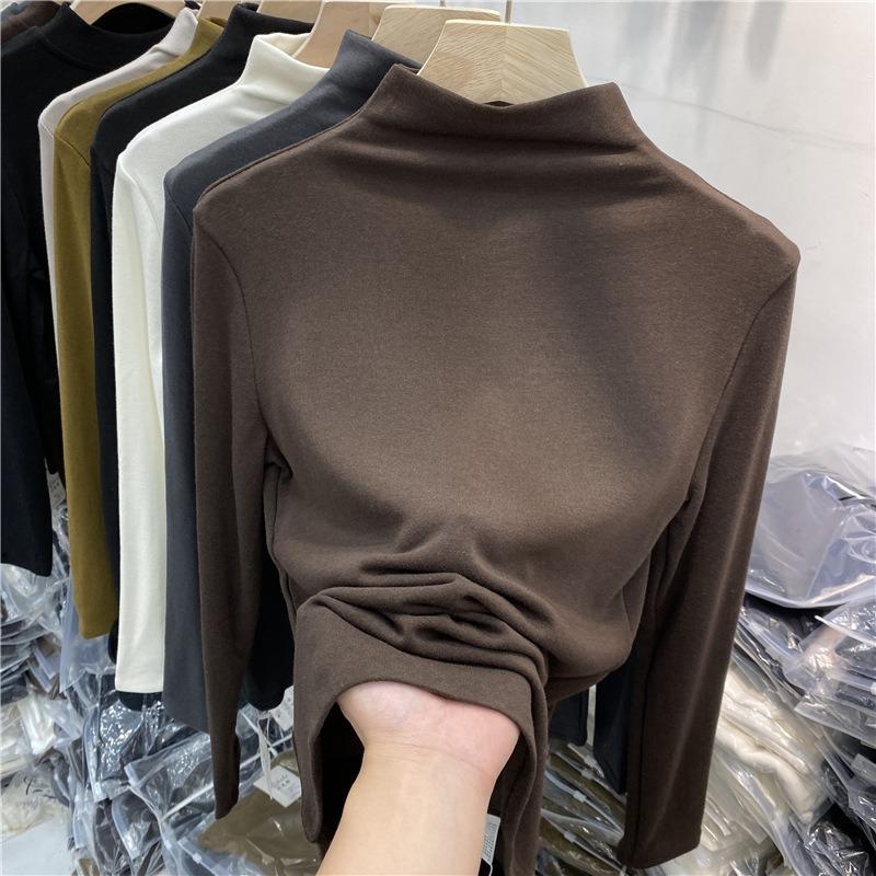 Autumn Half High Collar Slim Fit Plush Base Casual T-shirt Women Winter Long Sleeve Solid Velvet Women's T Shirt Elegant Retro Warm Lady Tee Top 25573