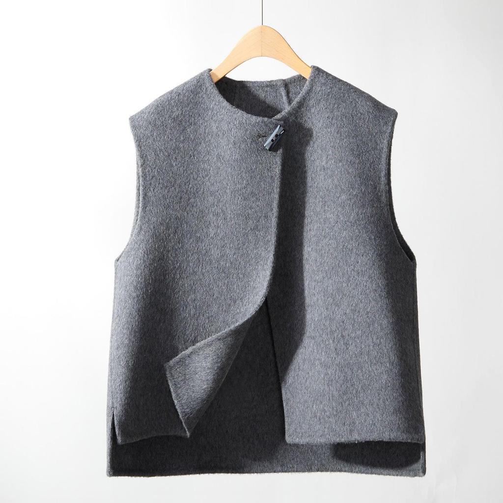 Women's 2025 Asymmetrical Gray Wool Vest - Round Neck, Button-Up, Sleeveless for Spring & Autumn Fashion