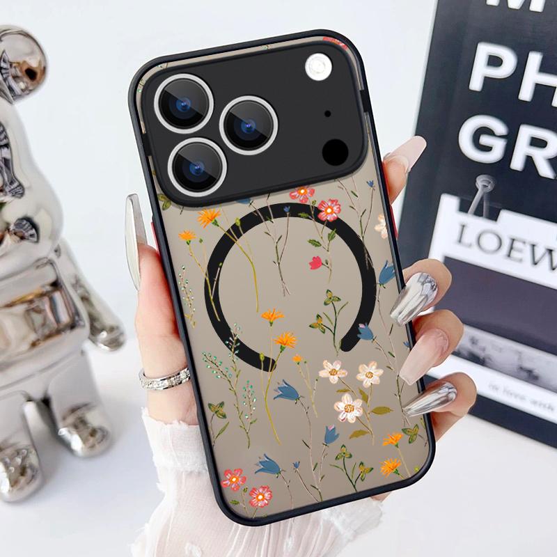 Flowers Leaves Pattern Magnetic Phone Case For iPhone 17 15 16 Pro Max 14 13 Pro 17 For Magsafe Wireless Charge Soft Edge Cover