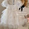 Summer New Girls Fashion White Shining Star Beads Cake Dress Kids Square Neck Bow Evening Dresses