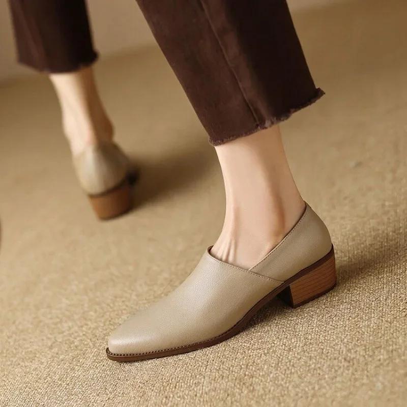 Leather Deep Mouth Single Shoes Women Spring Autumn New Coarse Heel Pointed Toe Retro Small Leather Shoes Women Slip-On Mid