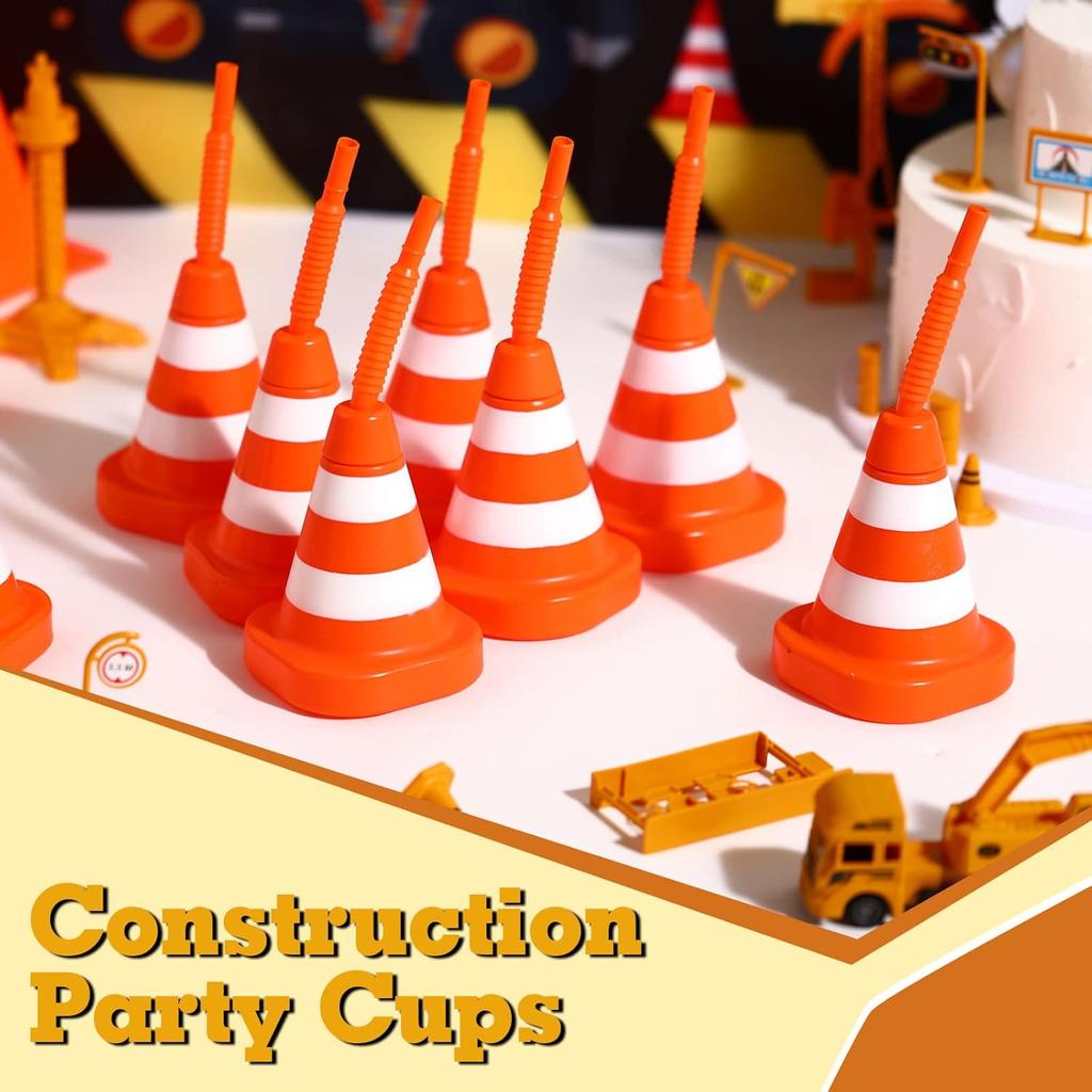 Sawysine 8 Pack Construction Cone Cups with Straws Bulk, Traffic Cones Party Favor 10 Oz Plastic Reusable Kids Race Cups Set for Construction Traffic