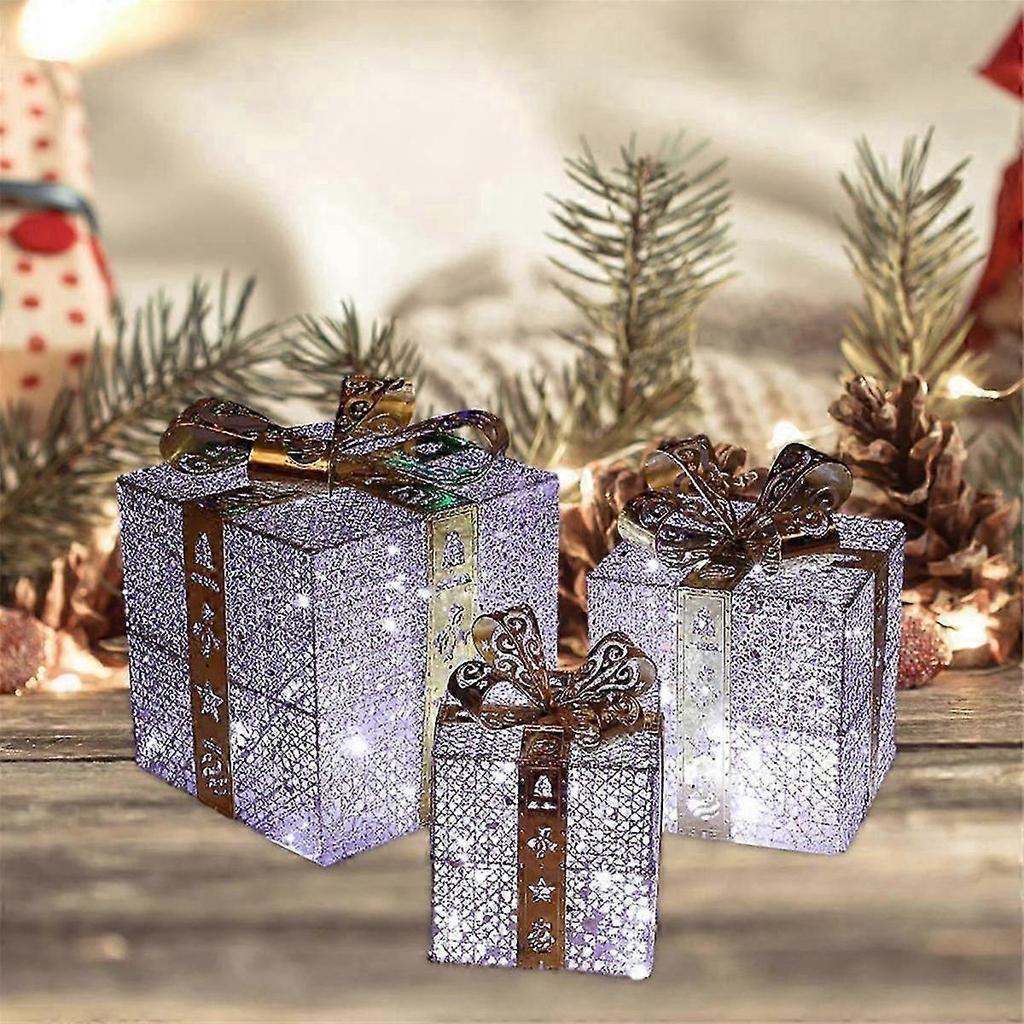 Christmas Decoration Gift Box Three-Piece Set Pile Ornaments Iron Gift Box Luminous Christma Suppli