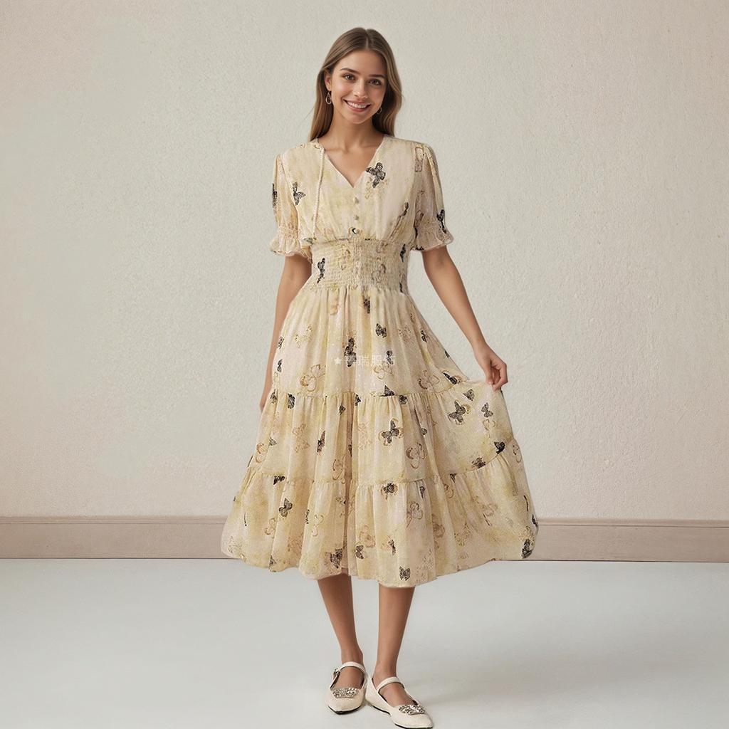 Summer V-neck Puffed Sleeve Single-breasted with A Cinched Waist Print Mid-length Short-sleeved Dress