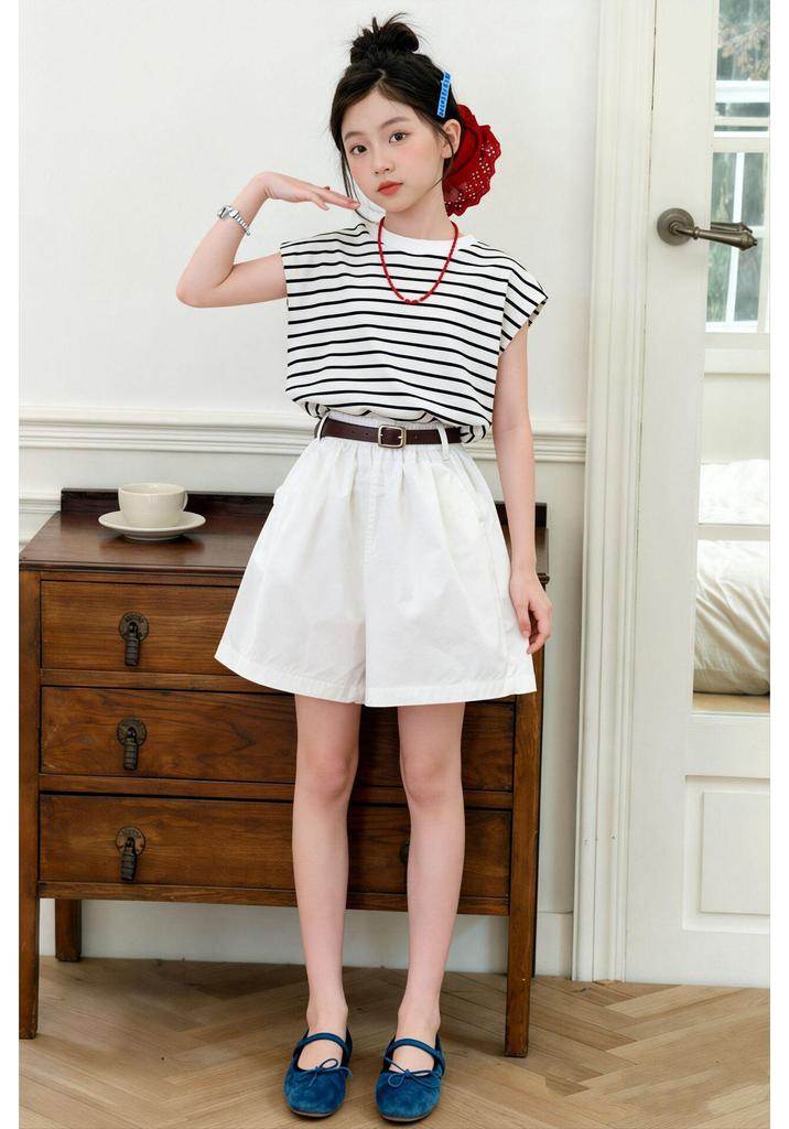 Korean Style Striped Sleeveless T-shirt & Shorts Set for Girls - Summer 2026
