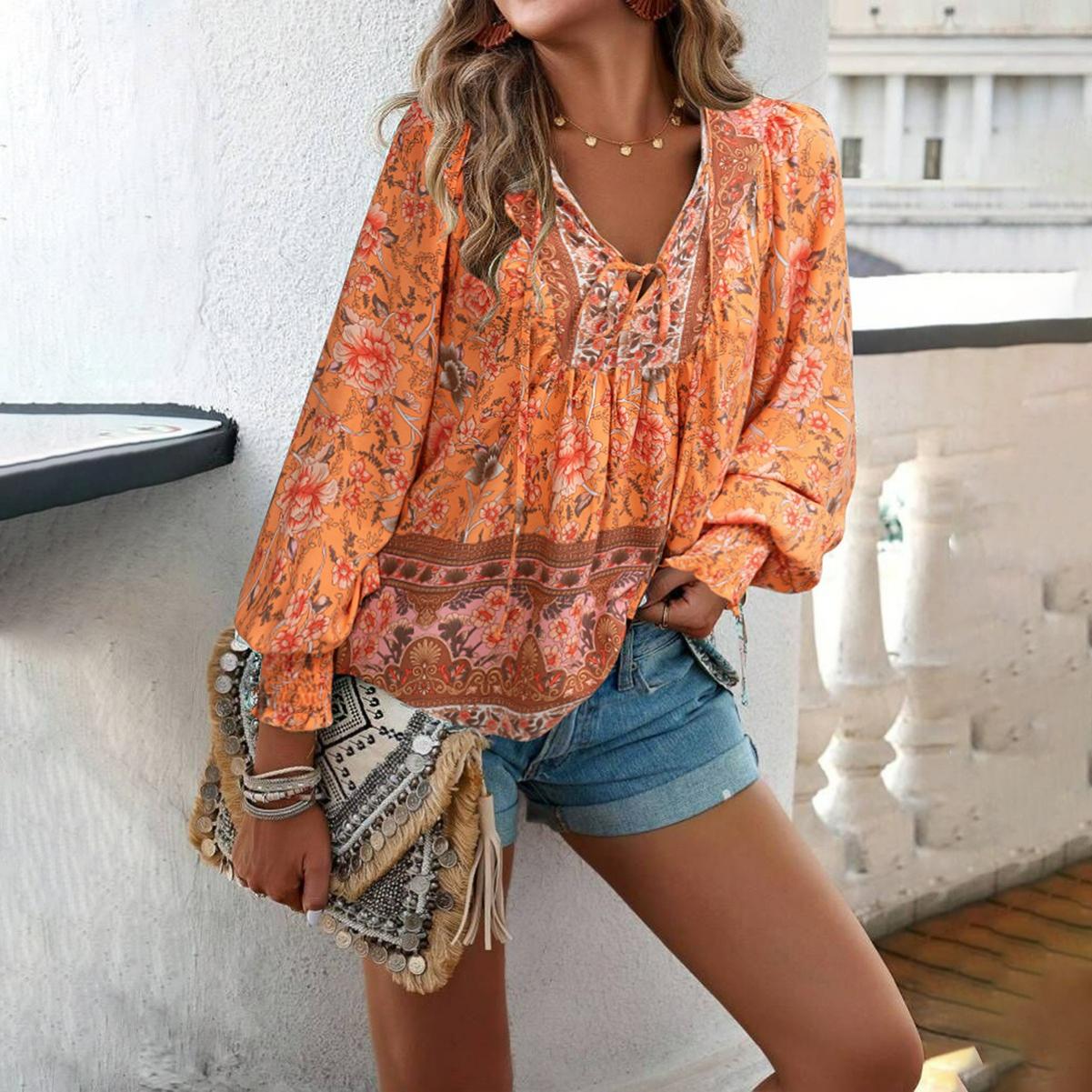 

Autumn and Winter Bohemian Vacation Style Cotton Printed Lace-up Long-sleeved Blouse Shirt Women XL помаранчевий