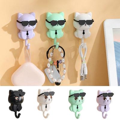 Cute Plastic Cartoon Cat Hooks Wall Hanging Decorative Sunglasses Cat Hooks Waterproof Key Hangers Kitchen