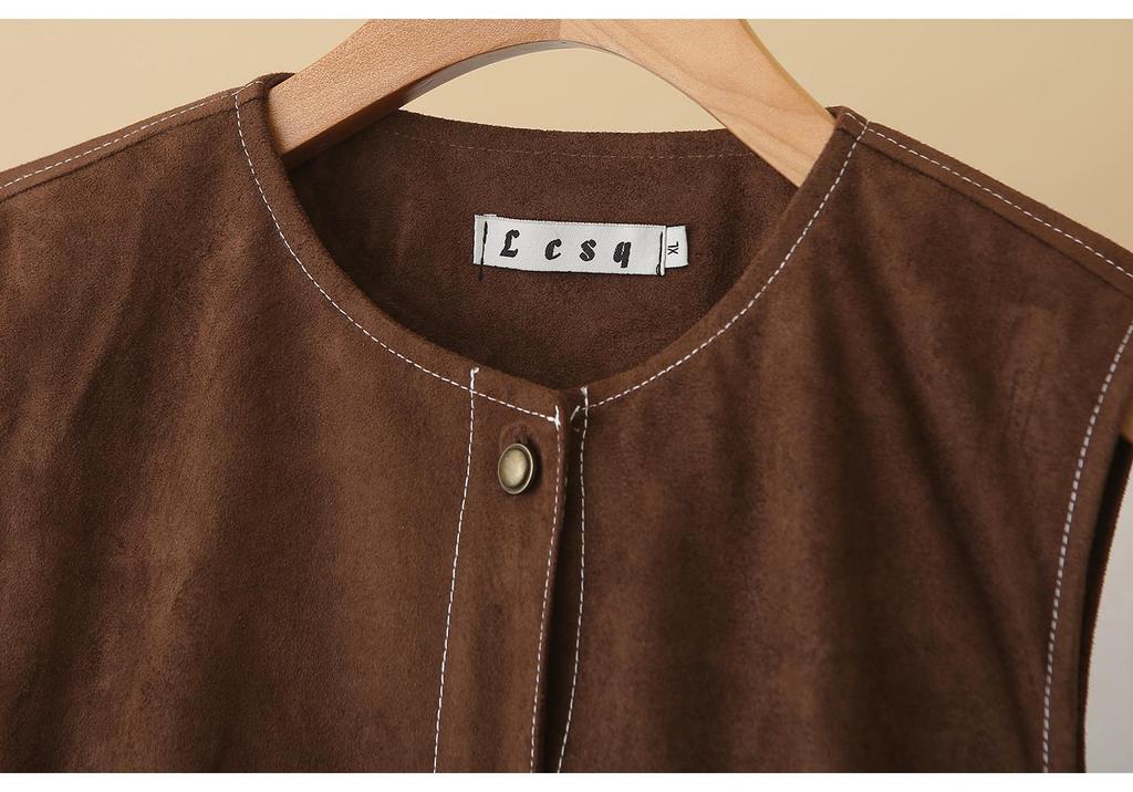 Plus Size Women's Suede Velvet Round Neck Cardigan Vest - Slimming, Versatile Spring Top