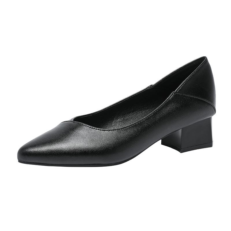 Work Shoes Women's Black Medium Heel Soft Sole Thick Heel Leather Shoes Career Job Interview Hotel Soft Leather Tooling Comfortable Single Shoes
