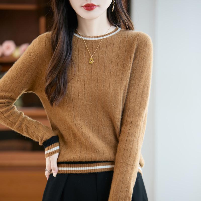 Women's 100% Pure Wool Color Block Round Neck Long Sleeve Seamless Sweater - New Autumn/Winter Style