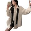 Women's White Tie Long Sleeve Mid-Length Casual Shirt – Spring/Autumn Loose Style