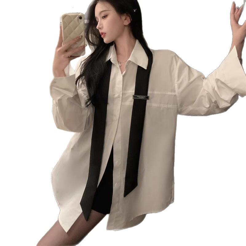 Women's White Tie Long Sleeve Mid-Length Casual Shirt – Spring/Autumn Loose Style