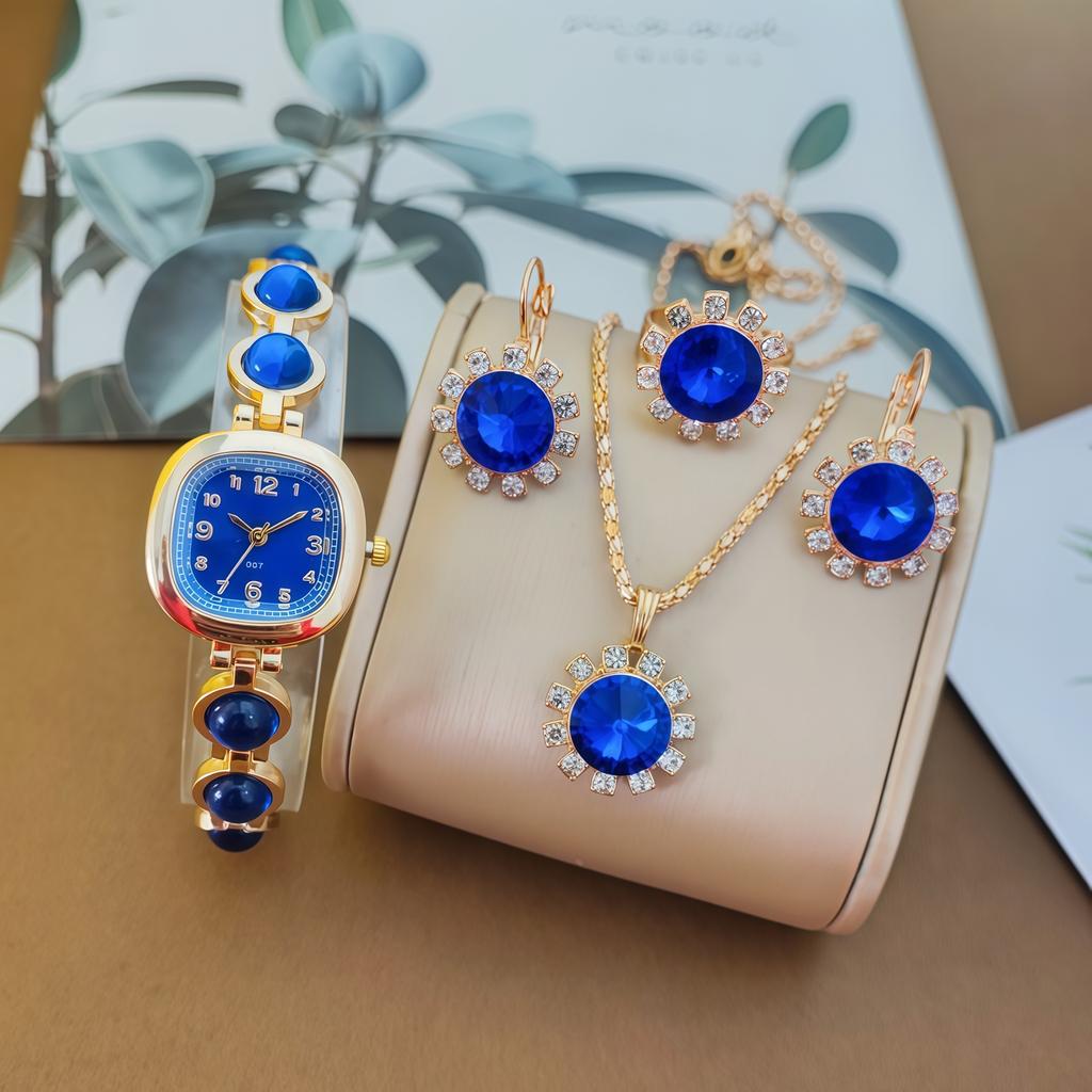 Ladies' Gemstone Set, Quartz Watch, Round Digital Light Luxury Carat Diamond-encrusted Bracelet, Watch Accessory Set.