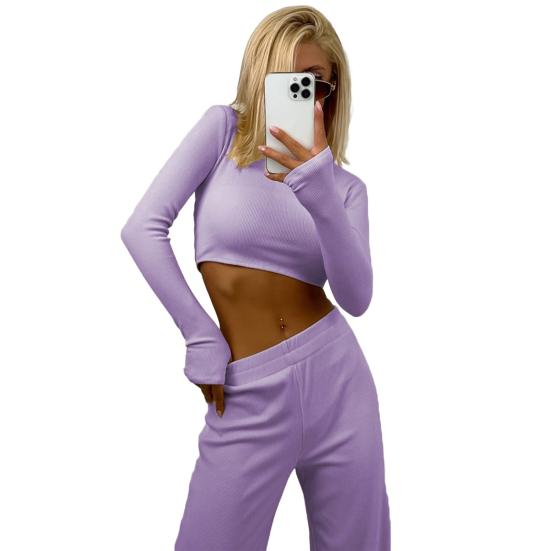 Women 2 Piece Lounge Set Long Sleeve Cropped Pullover Top Wide Leg Pants Set Fall Crewneck Tracksuit Casual Outfits