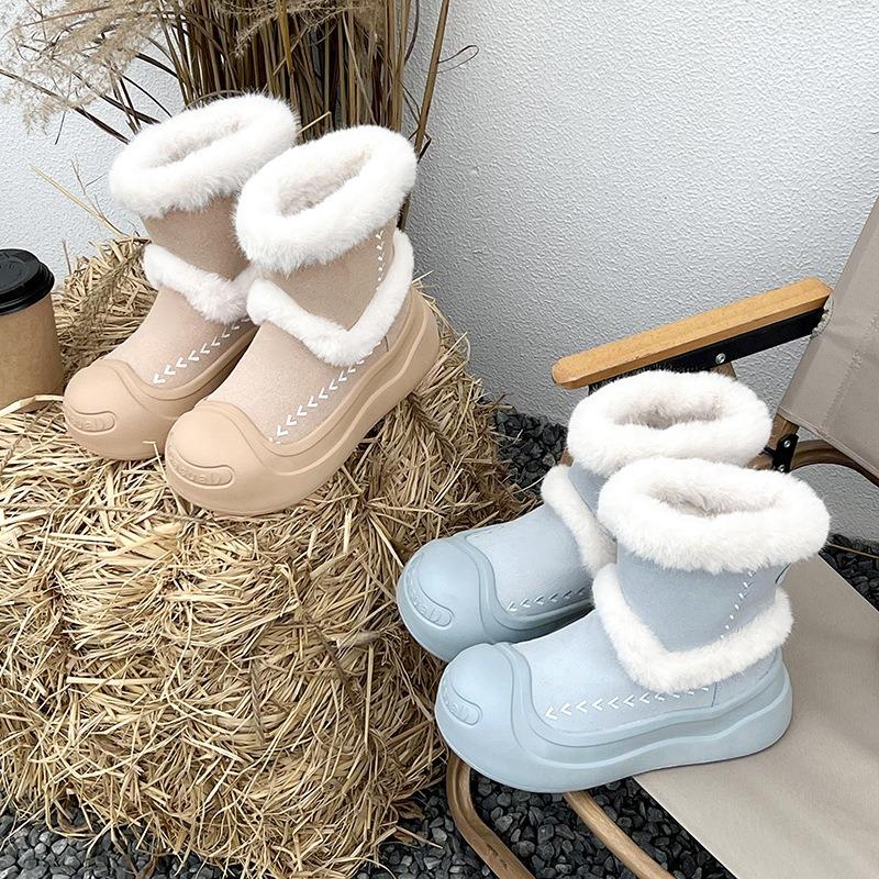 Fur integrated thick-soled snow boots women's new winter plush warm short tube big-headed fluffy cotton boots