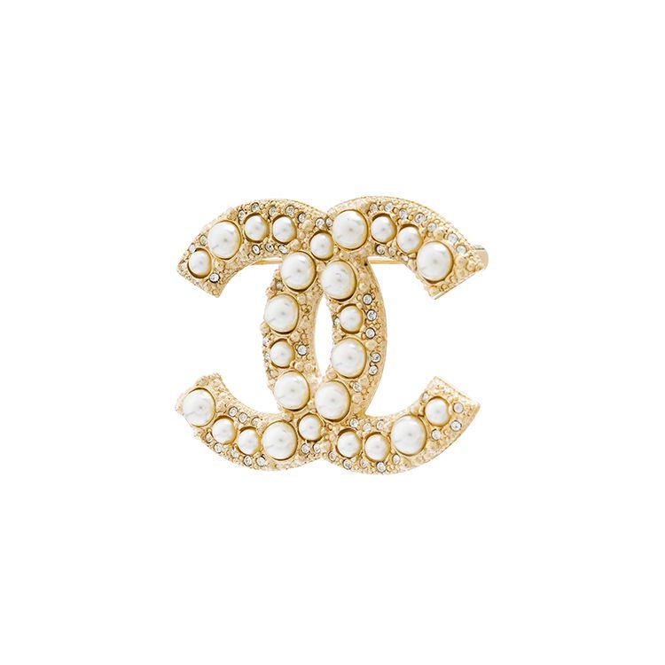 Chanel CC Brooch Artificial Crystal Women Brooch Gold White A64762-Y09530-Z2048