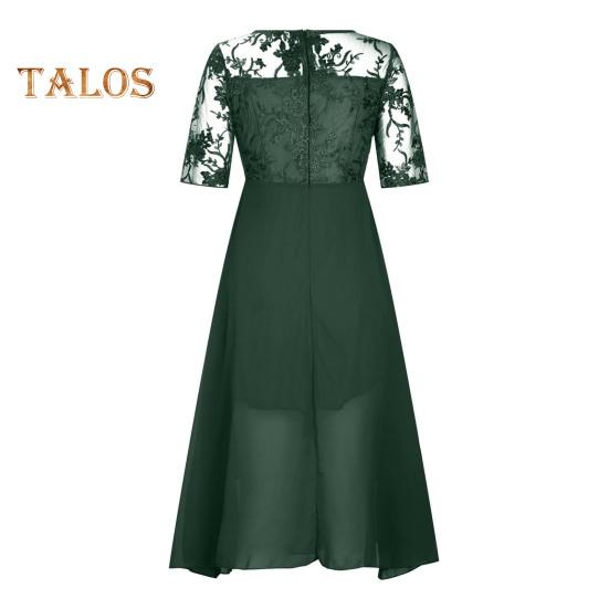 Damen Midikleid mit Blumenspitze, Sommerkleid mit Rundhalsausschnitt, Chiffon, Swing-Kleid, Cocktailkleid, Abendkleid, langes Kleid für Hochzeitsgäste, Brautjungfernparty