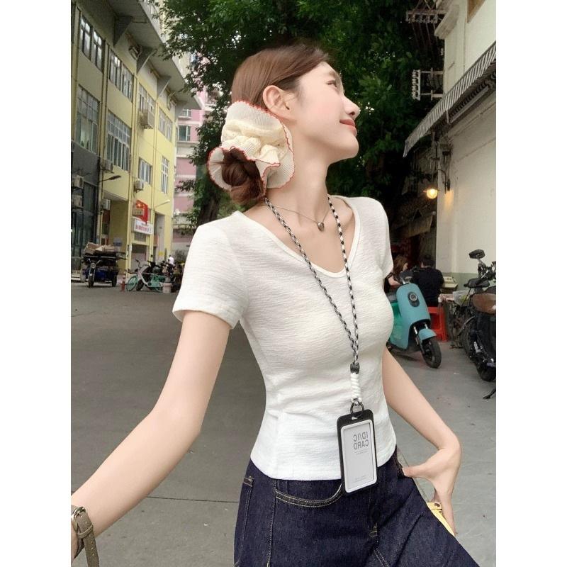 Yellow V-Neck Front Shoulder Short Sleeve T-Shirt Women's Summer Small T-Shirt Top