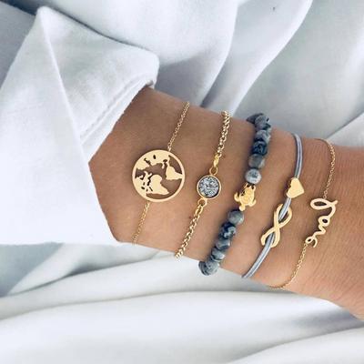 Boho Multilayer Crystal Beads Bracelets Bangles Set Vintage Charm Letter Wrap Bracelets For Women Jewelry Accessories